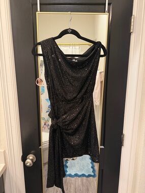 Hello Molly Black Sequin one shoulder, side tie Mini Dress